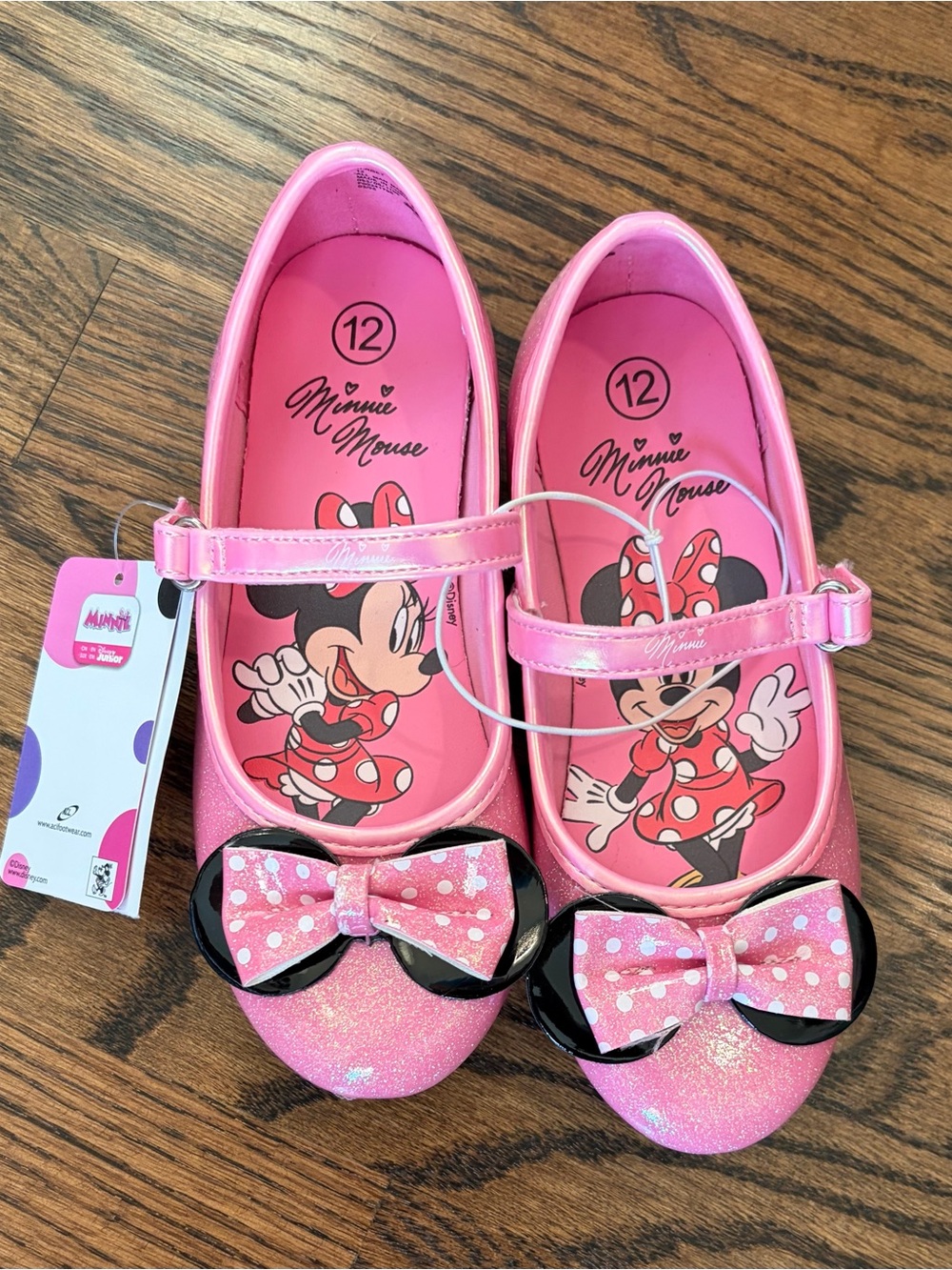 Disney Minnie Mouse Pink Glitter Mary Janes with Polka Dot Bows